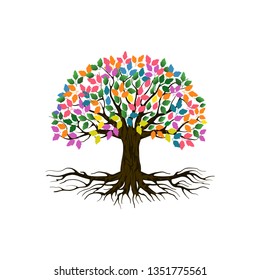 vibrant tree logo illustration with rainbow leaves color