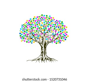 vibrant tree logo illustration with rainbow leaves color