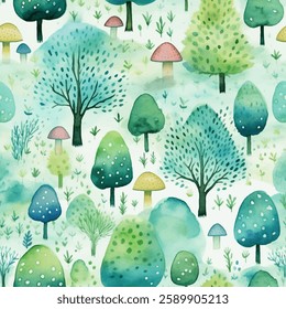 Vibrant trees in various shades of green stand tall among playful mushrooms, creating an enchanting natural setting with a light ambiance, seamless watercolor vector pattern