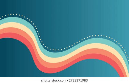 Ein lebendiger und trendiger abstrakter Hintergrund mit retro-inspirierten wellenförmigen Linien, Regenbogen-Farbverlauf-Streifen und minimalistischen geometrischen Elementen. Perfekt für modernes Webdesign, Social-Media-Cover, Poster und kreative Branding-Projekte.