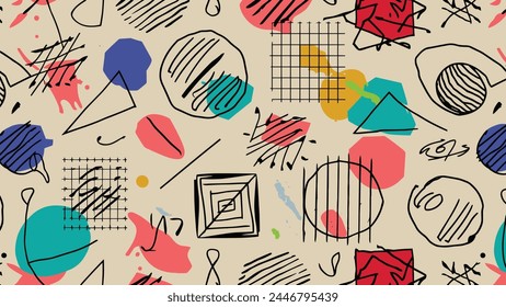Vibrant and Trendy Abstract Pattern Consisting of a Variety of Geometric Shapes and Hand-Drawn Doodles. The Seamless Design Includes Circles, Triangles