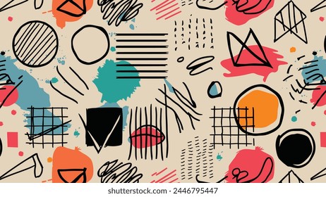 Vibrant and Trendy Abstract Pattern Consisting of a Variety of Geometric Shapes and Hand-Drawn Doodles. The Seamless Design Includes Circles, Triangles