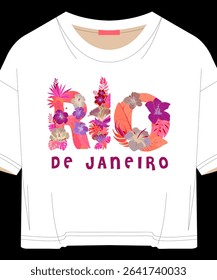 A vibrant and trendy tropical floral typography design spelling 'RIO de Janeiro', perfect as a summer slogan graphic for fashion or travel-themed prints.