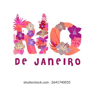 A vibrant and trendy tropical floral typography design spelling 'RIO de Janeiro', perfect as a summer slogan graphic for fashion or travel-themed prints.