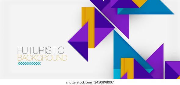 Triángulos y rectángulos vibrantes en tonos de morado, violeta y magenta crean un fondo futurista en un lienzo blanco, mostrando colorido y Formas geométricas