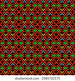 Vibrant tribal and Aztec pattern. Green diamond rows with black insets, flanked by black, yellow, blue triangles on red. Dense, dynamic design for cultural flair in digital and print projects