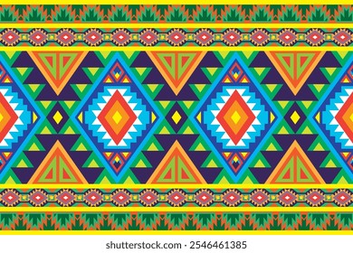 Vibrant tribal geometric pattern with bold diamond motifs, zigzag lines, and symmetrical shapes. Perfect for backgrounds, textiles, decorative art, and designs inspired by traditional motifs.