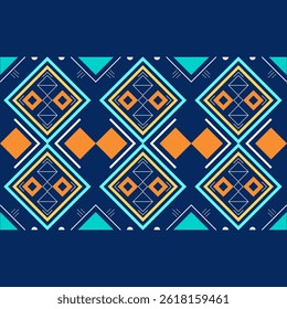 Patrón geométrico tribal vibrante en azul marino, naranja y turquesa. Perfecto para la impresión digital de la tela, diseño de moda étnica moderna, y patrones de superficie textil.
