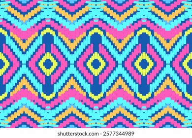 Vibrant Tribal Geometric Pattern with Pink, Yellow, and Blue Diamond Motifs for Creative Decorative Art