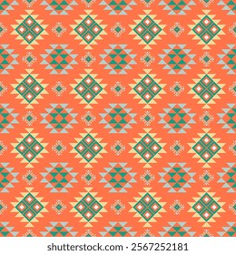 Vibrant Tribal Geometric Pattern wtth Bold Orange and Teal Ethnic Design, Tribal Design, seamless, Aztec, Tribal, Native American, Indian, pattern design for wrapping, carpet, decorative illustration.