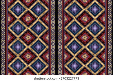 Vibrant tribal ikat diamond pattern with bold geometric borders and rich colors. Perfect for fabric, textile prints, wallpaper, wrapping paper, and decorative design projects.