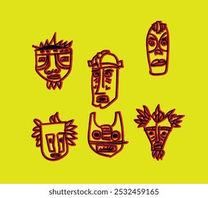 Vibrant tribal masks burst with energy! Bold red outlines on neon yellow background. Perfect for modern ethnic designs, branding, or cultural projects. Instantly eye-catching!