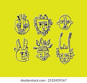 Vibrant tribal masks burst with energy! Bold red outlines on neon yellow background. Perfect for modern ethnic designs, branding, or cultural projects. Instantly eye-catching!