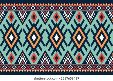 Vibrant tribal pattern with diamonds and zigzags. Ethnic aztec design in teal, orange and navy. Seamless boho pattern for fabrics. Native american inspired motifs.
