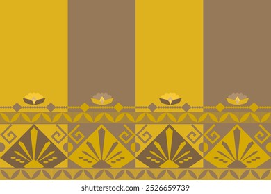 Patrón tribal vibrante en amarillo dorado y marrón. Muestra motivos de rayos de sol, Formas geométricas y Elementos étnicos tradicionales. Ideal para textiles de inspiración azteca, decoración boho y estilo nómada.