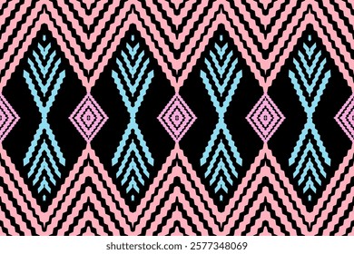 Vibrant Tribal Pattern with Pink and Blue Chevron Motifs on a Black Background for Ethnic Decorative Art