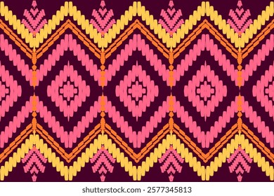 Vibrant Tribal Pattern with Pink, Orange, and Yellow Diamond Motifs on a Dark Background for Decorative Art

