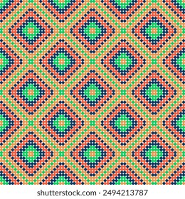 Vibrant Tribal Pixel Art Pattern: A colorful and intricate design inspired by traditional weaving techniques, perfect for adding a touch of ethnic charm to your projects.