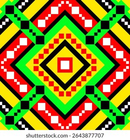 A vibrant tribal pixel pattern featuring a symmetrical yellow and green diamond design highlighted with red and black details.