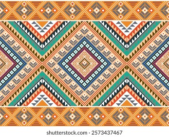 Vibrant tribal seamless pattern with geometric shapes and ethnic motifs, ideal for textiles, backgrounds, and decor