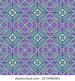 Vibrant tribal-inspired geometric pattern featuring bold diamond shapes and intricate star motifs in shades of purple, blue, and yellow. This seamless design is ideal for backgrounds, textile prints