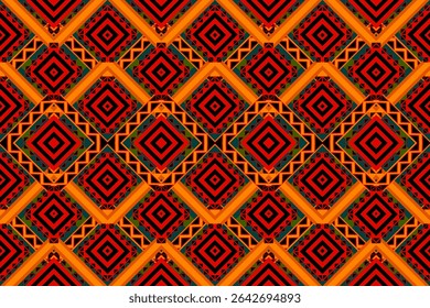 Un vibrante patrón geométrico de inspiración tribal con un fondo verde menta y motivos étnicos de diamantes. Este diseño sin fisuras combina la estética cultural tradicional con una paleta moderna y fresca. Ideal para ti