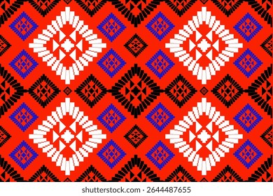 A vibrant tribal-inspired pixel art pattern featuring bold geometric diamond motifs in red, blue, white, and black. Designed with a Southwestern and folk aesthetic, this seamless textile design is per