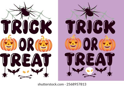 A vibrant "Trick or Treat" T-shirt design featuring a spooky yet playful theme! Includes glowing jack-o'-lanterns, flying bats, a haunted house, and bold lettering in neon colors,perfect for Halloween