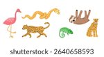 Vibrant tropical animals illustration featuring flamingo, leopard, and sloth.