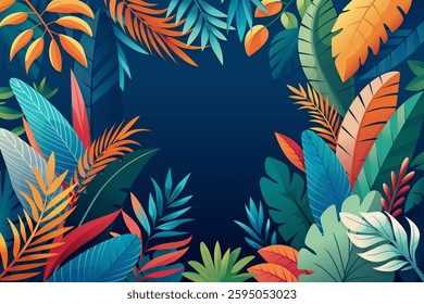 a vibrant tropical background made of colorful monstera and palm leaves