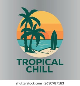 Vibrant tropical beach scene with palm tree, surfboard, and retro sunset. Perfect for summer, travel, and surf-themed projects. Clean, minimal design ideal for apparel and prints.