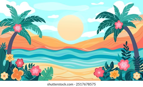 Una vibrante escena de playa tropical al atardecer con palmeras, flores exóticas y exuberantes plantas. El océano sereno y la orilla arenosa, pintoresco, ambiente acogedor, perfecto día de verano. Anuncio, antecedentes