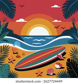 Vibrante Pôr do sol tropical da praia com prancha de surfe, palmeiras e conchas marinhas - Ilustração vetorial
