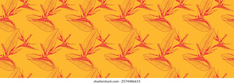 Vibrant tropical bird of paradise flower seamless pattern.  Bold line art design in bright orange and coral on a sunny yellow background.