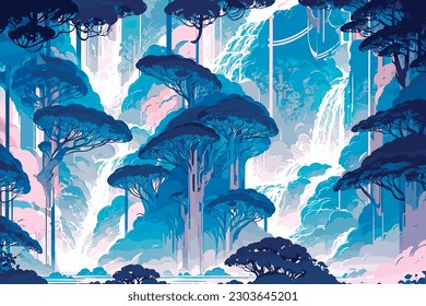 Vibrant tropical blue forest jungle with waterfall. Vector stylized illustration. Natural forest landscape in the blissful jungle.