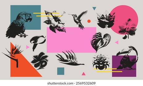 Vibrant Tropical Collage with Exotic Birds, Flowers, and Geometric Shapes in Noisy Grainy Photocopy Effect, Retro Vintage Aesthetic Design