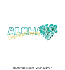 A vibrant tropical design featuring "ALOHA" in bold outlines with "Surf Angel Company" in yellow script, accented by teal hibiscus flowers. Perfect for summer apparel and surf culture.