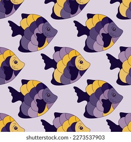 Vibrant tropical fish endless ornament design. Saltwater fauna diving. Summer fashion clothes print. Tropical fish marine life graphic design. Different color squama, tail