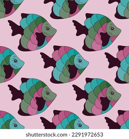 Vibrant tropical fish seamless ornament illustration. Ocean animals diving. Children fashion clothes print. Tropical fish decorative illustration. Polychrome scales, fins