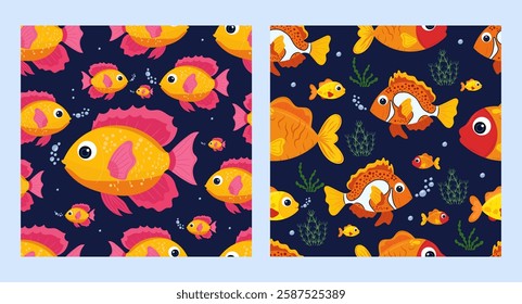 Vibrant tropical fish vector pattern with seaweed and bubbles on dark blue background. Cute kids - friendly illustration in concept exotic cartoon inhabitants of sea reefs. For textiles, postcards.