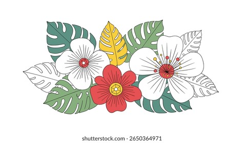 Arranjo floral tropical vibrante com folhas verdes exuberantes e flores exóticas