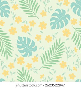 Vibrant tropical floral seamless pattern featuring exotic leaves and flowers. Perfect for summer designs, textiles, and backgrounds. 