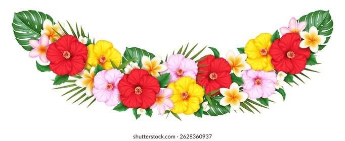 Vibrant tropical flower garland with red, yellow, and pink blossoms. Includes lush green leaves. Perfect for summerthemed decor and festive celebrations.