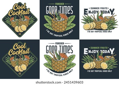 Vibrant tropical fruit badge designs for fun and stylish summer collection with trendy vector illustrations, and artistic citrus and pineapple. Fruits or exotic eco elements for vegetarian food menu.