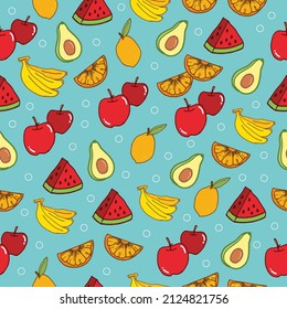 Vibrant Tropical Fruit Icons: Illustration showcasing colorful tropical fruit icons such as avocado, watermelon, apple, banana, lemon, and orange. Perfect for healthy eating visuals and culinary food
