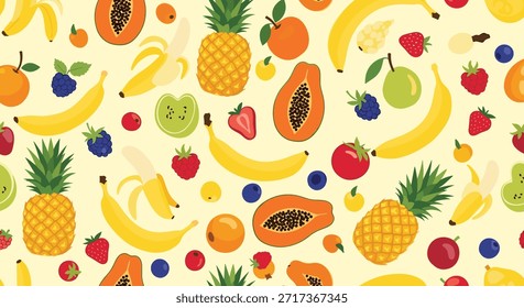 El vibrante patrón de frutas tropicales presenta una colorida variedad de piñas, papayas, plátanos y bayas en amarillo claro.