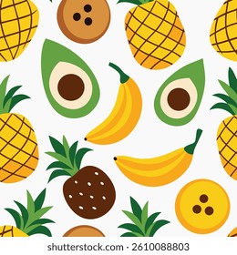 Vibrant Tropical Fruit Pattern Featuring Pineapples, Avocados, Bananas, Coconuts, and Strawberry