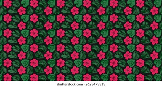 Vibrant Tropical Hibiscus and Palm Leaf Pattern on Dark Background