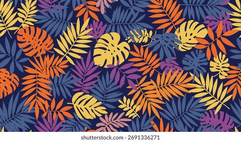 A vibrant tropical leaf pattern in an array of colors on a dark blue background.