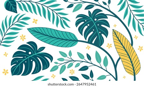 Vibrant tropical leaves and botanical elements form a seamless vector pattern. Perfect for summer backgrounds, textiles, and nature-inspired designs.